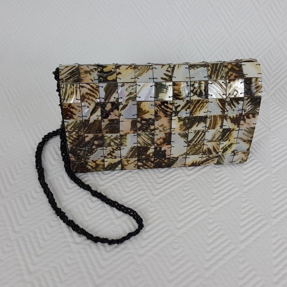 Mad Bags Mother of Pearl Shell Tiles Brown Black Beaded Strap Clutch Purse Small